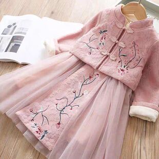 贝哆哈拜年服汉服儿童唐装中国风春秋女童古风加绒两件套连衣裙