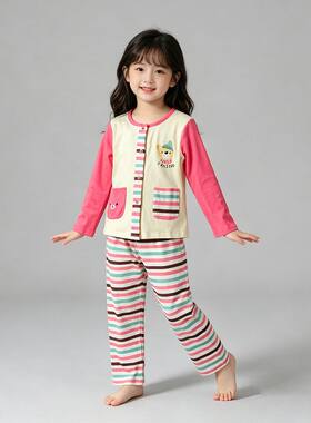 贝哆哈女宝家居服套装儿童女童条纹春休闲长袖T恤长裤睡衣两件套