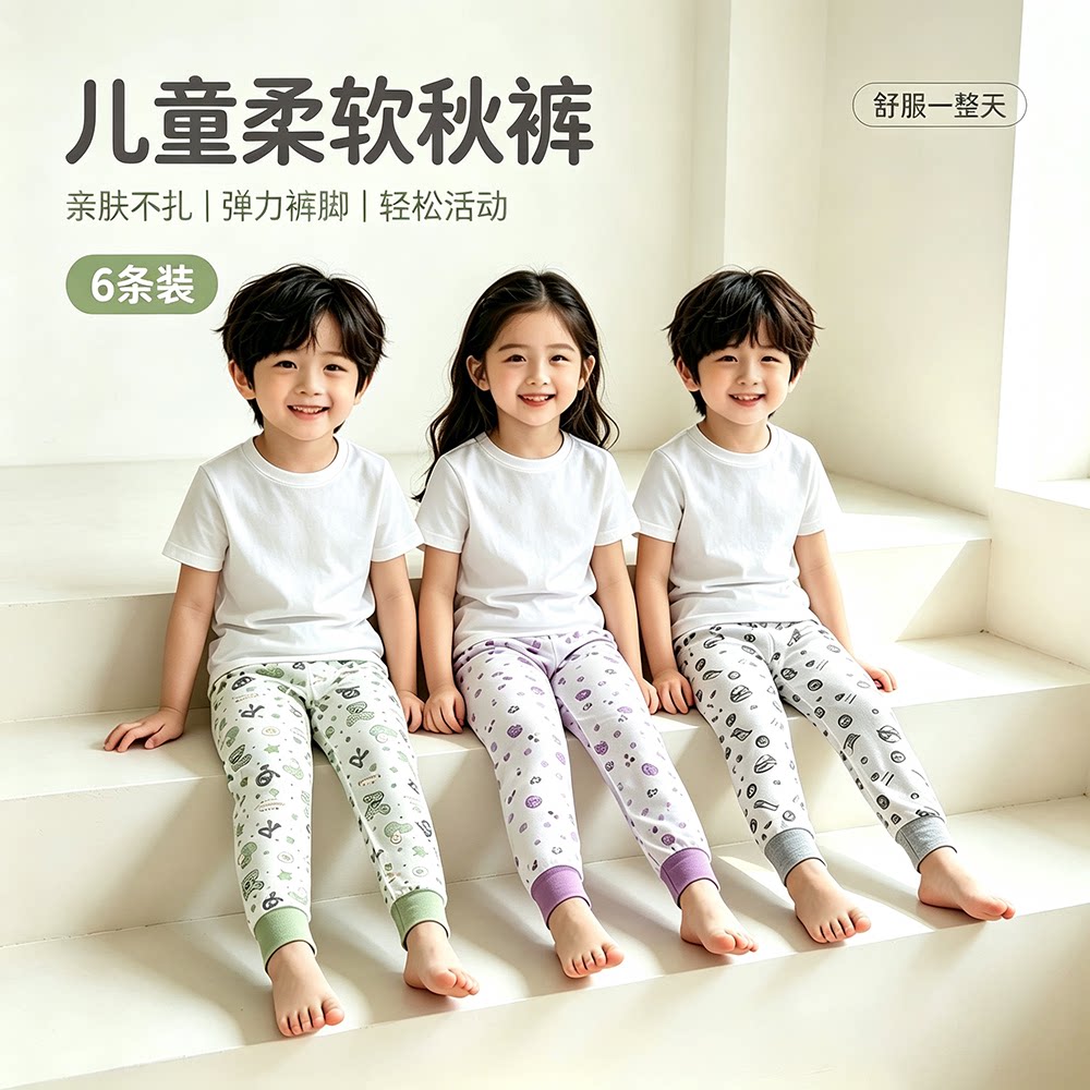 贝哆哈儿童秋裤冬保暖棉毛裤男童女童长裤中大童保暖裤睡裤 6条装