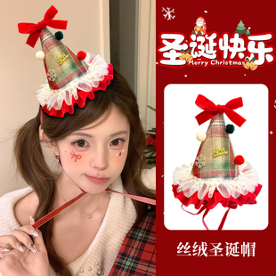 新款韩系红色圣诞帽发夹女圣诞节氛围感装饰发箍生日拍照道具头饰