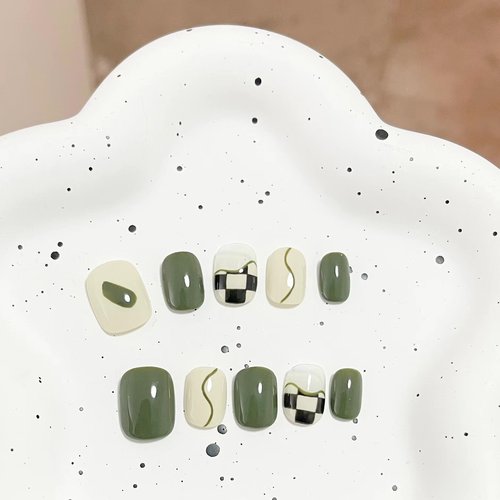 絮野绿色棋盘格手绘可穿戴美甲短款可拆卸甲片美甲成品手工显白学