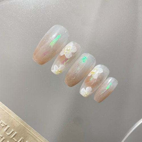 絮野晕染冰花裸色立体手工美甲成品贴片可穿戴假指甲长款花朵可拆