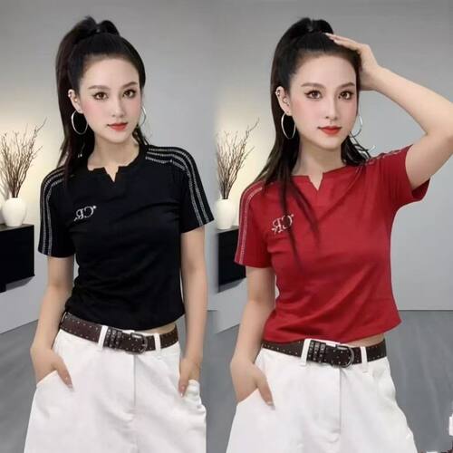 广场舞修身显瘦烫钻短袖T恤女