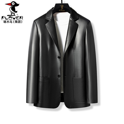 海宁头层皮黑色皮衣西装西服领