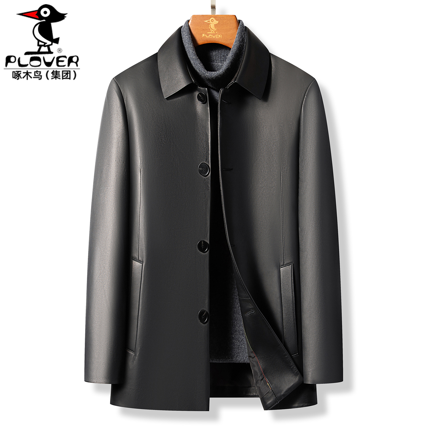绵羊皮衣男士翻领黑色商务通勤经典单皮外套2025冬季新款真皮夹克
