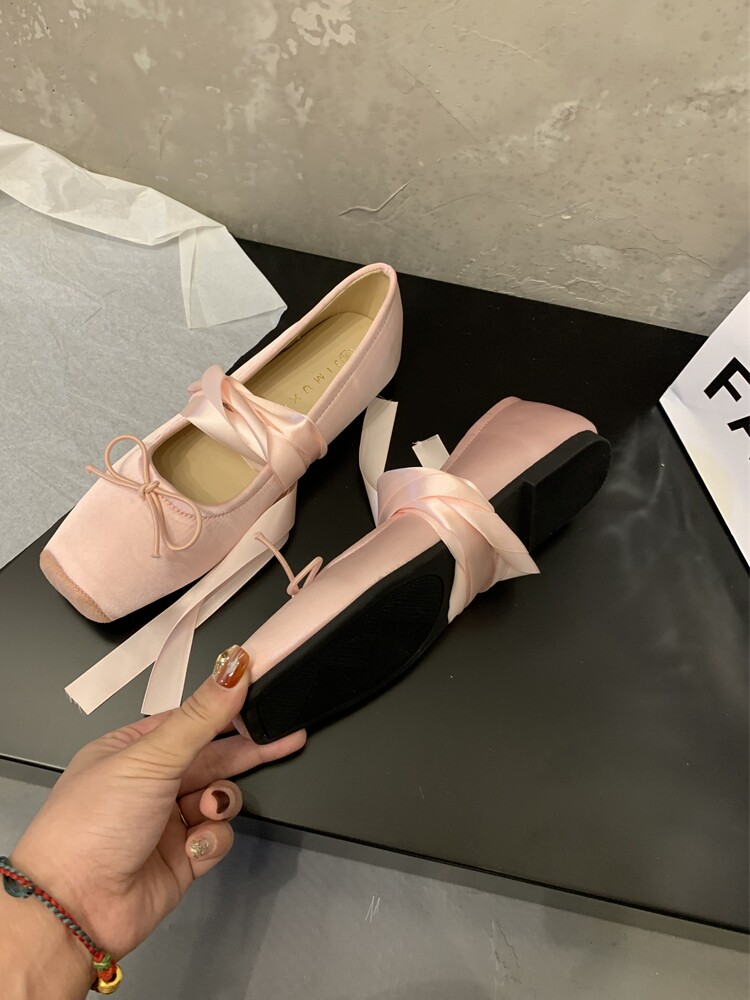FLAT EVENING SHOES PINK MARY JANE FAIRY SHOES 2023 NEW SPRING SQUARE TOE SATIN BALLET SHOES