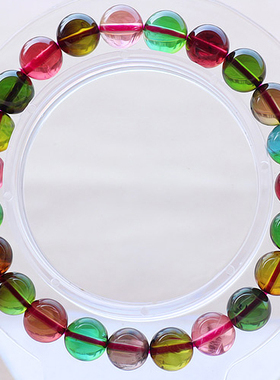 碧雅老料碧玺手链圆珠正品玻璃体 彩虹红绿蓝西瓜碧玺手串15.19g