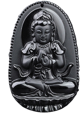 磨砂黑曜石生肖属兔文殊菩萨吊坠