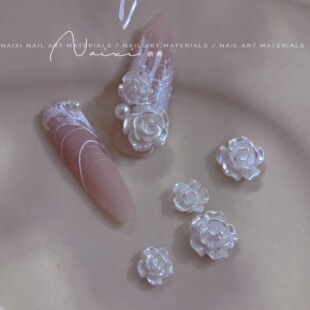 奈希新品美甲玫瑰花饰品ins网红爆款珍珠白树脂花百搭立体山茶花1