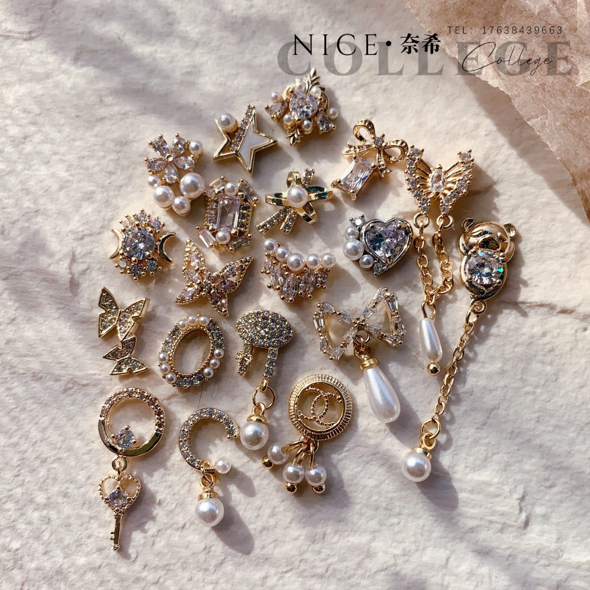 奈希日式美甲饰品锆石保色珍珠链条吊坠蝴蝶结蝴蝶星星小花款