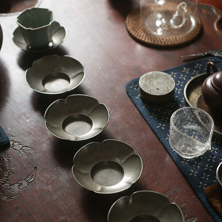 本间村自造手工老锡茶托5入