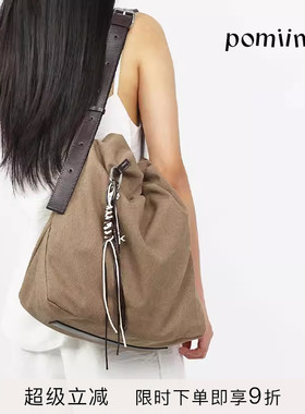 Pomiimo 头层植鞣牛皮大容量通勤简约百搭单肩斜挎抽绳包托特包