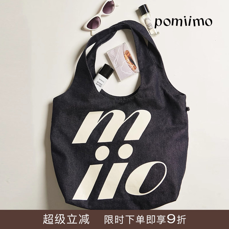 Pomiimo 两面图案不掉色牛仔大容量通勤上学百搭轻便单肩女托特包