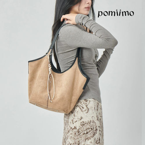 Pomiimo 头层牛皮麂皮绒通勤简约单肩包菜篮子包手提包水桶包女包