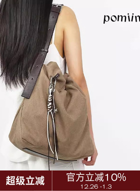 Pomiimo 头层植鞣牛皮大容量通勤简约百搭单肩斜挎抽绳包托特包