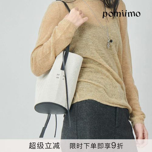 Pomiimo 亚麻棉牛皮气质百搭水桶包单肩手提可斜挎通勤简约女包