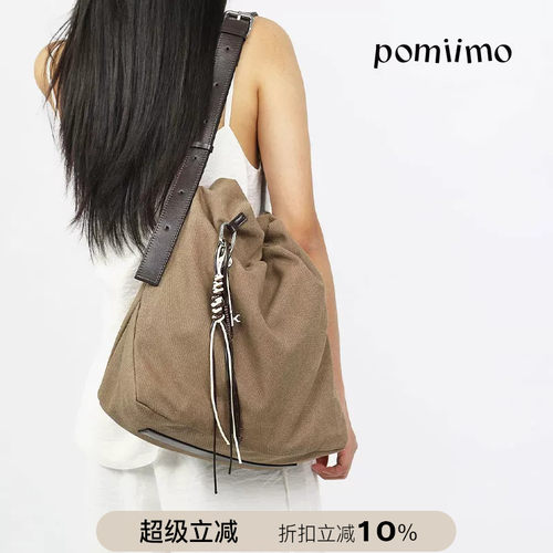 Pomiimo 头层植鞣牛皮大容量通勤简约百搭单肩斜挎抽绳包托特包