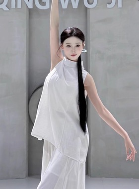 现代舞练功服女古典舞新中式国风白色无袖舞蹈服阔腿裤