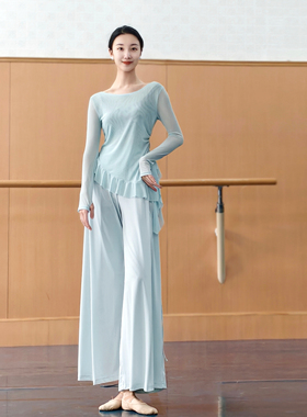 古典舞服飘逸斜角一字领纱衣女中国舞身韵练功服形体训练上衣女