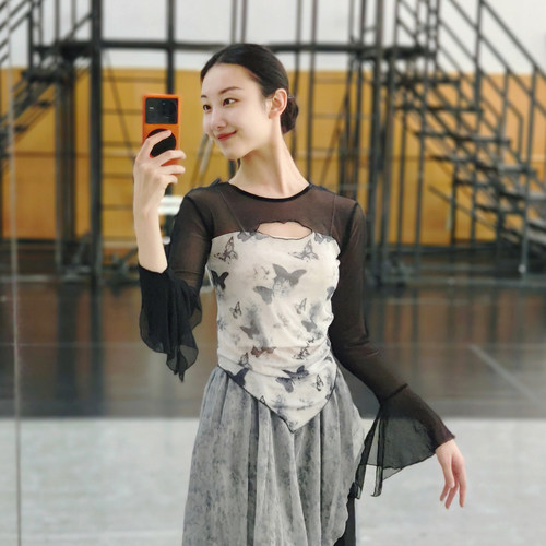 古典舞印花蝴蝶上衣中国舞练功服形体服纱衣艺考演出飘逸舞蹈服