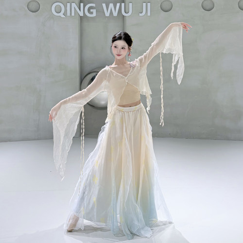 古典舞蹈服飘逸渐变裙裤中国舞练功服纱衣宽松训练上衣国风汉唐舞
