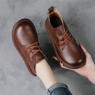 女舒适不累脚系带皮鞋 头层牛皮妈妈鞋 真皮平底深口单鞋 新款 秋冬季