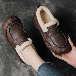 豆豆棉鞋 秋冬款 子超软牛筋底加绒舒适不累脚中老年皮鞋 真皮妈妈鞋