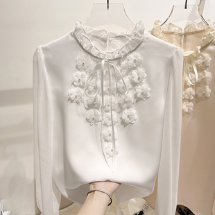 2024新款韩国气质纯色立领木耳边立体花朵钉珠长袖雪纺衬衫女春季