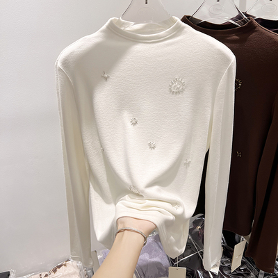 2025新款韩国修身显瘦立领钉珠加厚纯色磨毛长袖T恤内搭上衣女冬