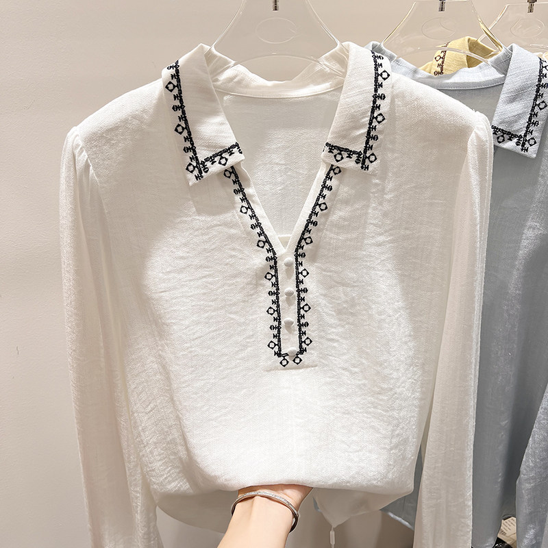 2026新款韩国气质显瘦翻领刺绣套头长袖衬衫女春季上衣