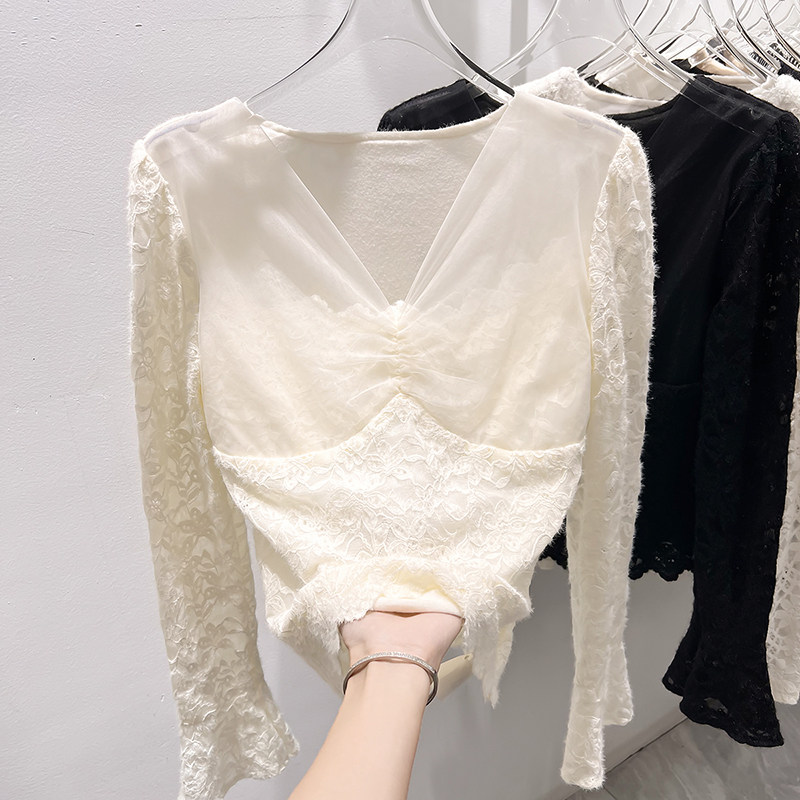 2025新款韩国修身显瘦V领网纱拼接加绒保暖长袖蕾丝衫女冬季