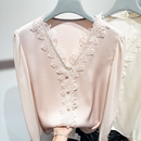 女春季 雪纺衫 韩国气质纯色V领蕾丝花边拼接钉珠纯色长袖 2025新款