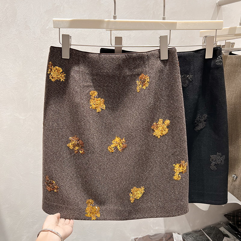 2025新款韩国气质显瘦高腰亮片加厚毛呢短裙女秋季半身裙