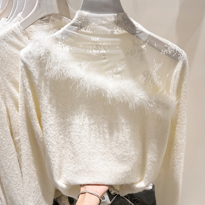 2025新款法式气质显瘦立领蕾丝拼接毛毛加厚长袖打底上衣女冬季