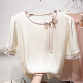 气质显瘦圆领镂空盘扣袖 薄款 子刺绣短袖 女夏季 国风雪纺衫 2024新款