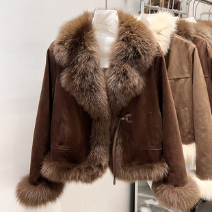 2025新款韩国气质显瘦大翻领狐狸毛皮拼接短款羽绒外套女冬季