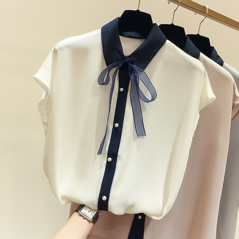 2019夏季新款韩国气质显瘦翻领系带钉珠短袖雪纺衬衫女薄款上衣在类目 女装/女士精品, 蕾丝衫/雪纺衫中 - 来自Buy2taobao.com提供专业的淘宝代购服务