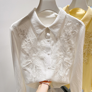 女春季 衬衫 韩国气质显瘦翻领刺绣重工钉珠单排扣长袖 2026新款