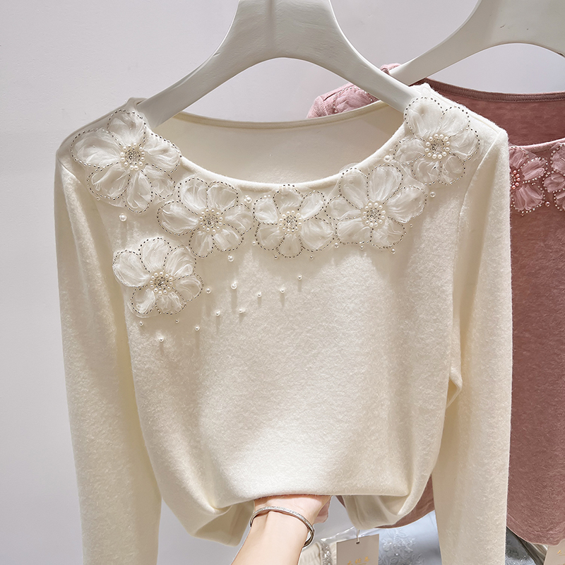 2025新款法式气质圆领欧根纱钉珠纯色加厚保暖绒衫长袖上衣女秋