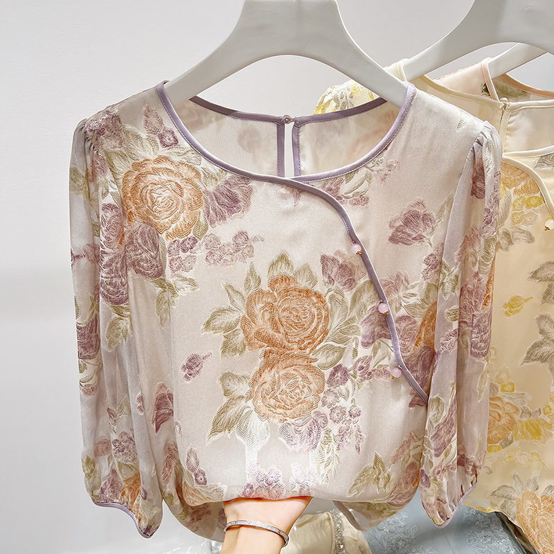 2025新款气质显瘦圆领钉珠印花五分袖国风雪纺衫女夏季薄款上衣