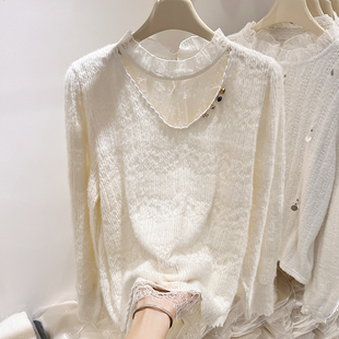 2025新款韩国气质显瘦立领木耳边蕾丝内衬钉珠毛绒长袖上衣女冬季