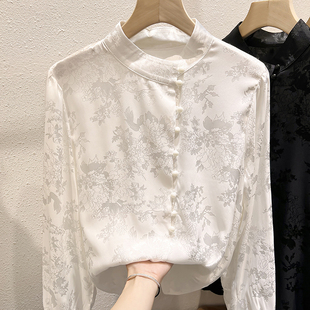 气质复古立领印花单排扣长袖 衬衫 雪纺衫 薄款 女春季 2023新款