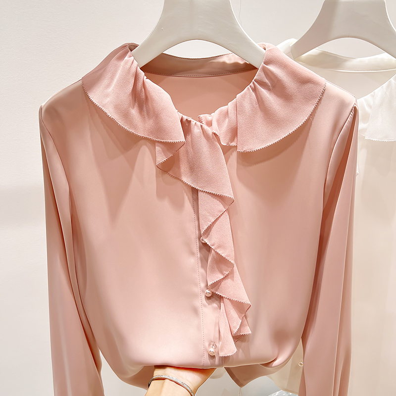 2025新款法式气质圆领不规则边拼接纯色单排扣长袖雪纺衬衫女秋季