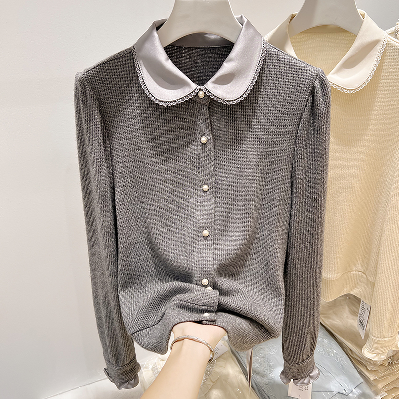2025新款韩国气质显瘦娃娃领拼接单排扣长袖针织开衫女秋冬