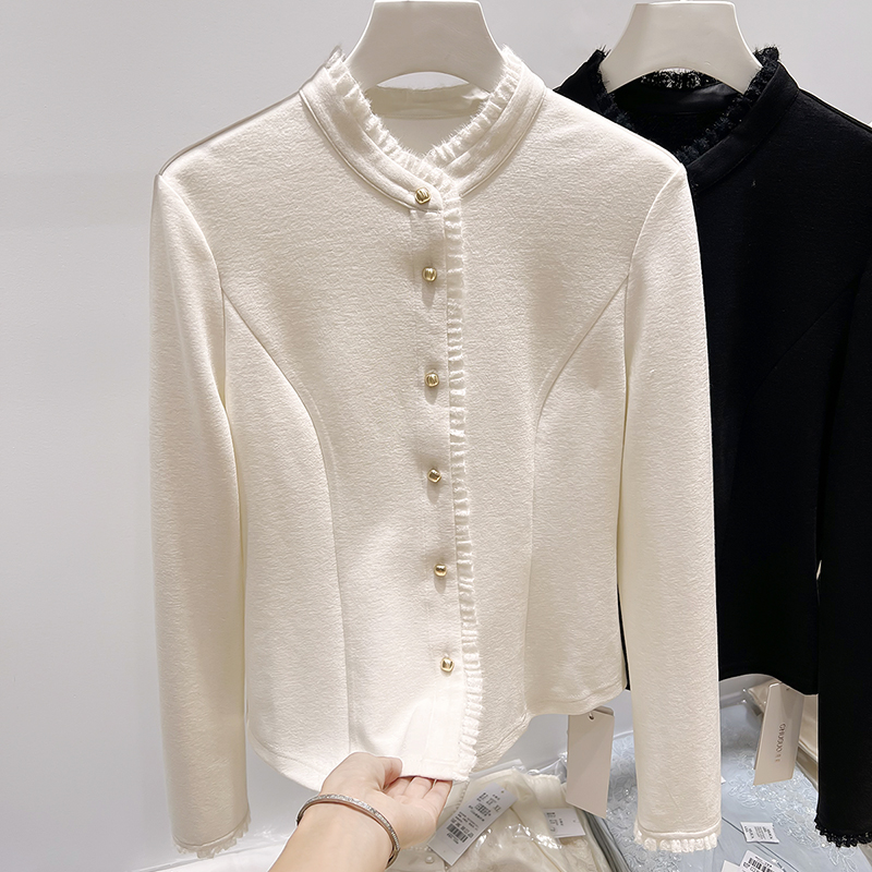 2025新款韩国气质立领木耳边拼接单排扣加厚磨毛绒长袖上衣女冬