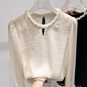 薄款 2025新款 衬衣女秋季 气质圆领钉珠镂空纯色套头长袖 上衣 法式