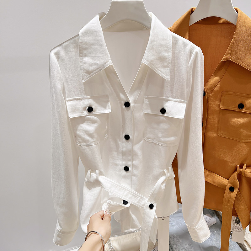 2026新款韩国修身显瘦翻领单排扣系带收腰纯色长袖衬衫女春季