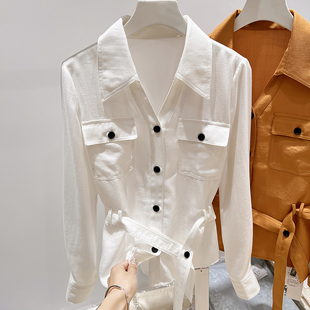 2026新款韩国修身显瘦翻领单排扣系带收腰纯色长袖衬衫女春季