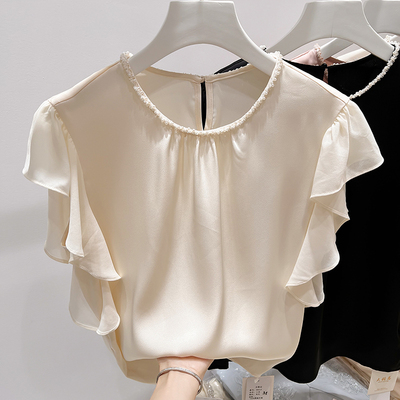 2025新款韩国气质显瘦圆领钉珠纯色木耳边拼接雪纺上衣女夏季