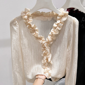 法式 薄款 气质纯色V领褶皱纯色套头长袖 女秋季 上衣 衬衫 2025新款